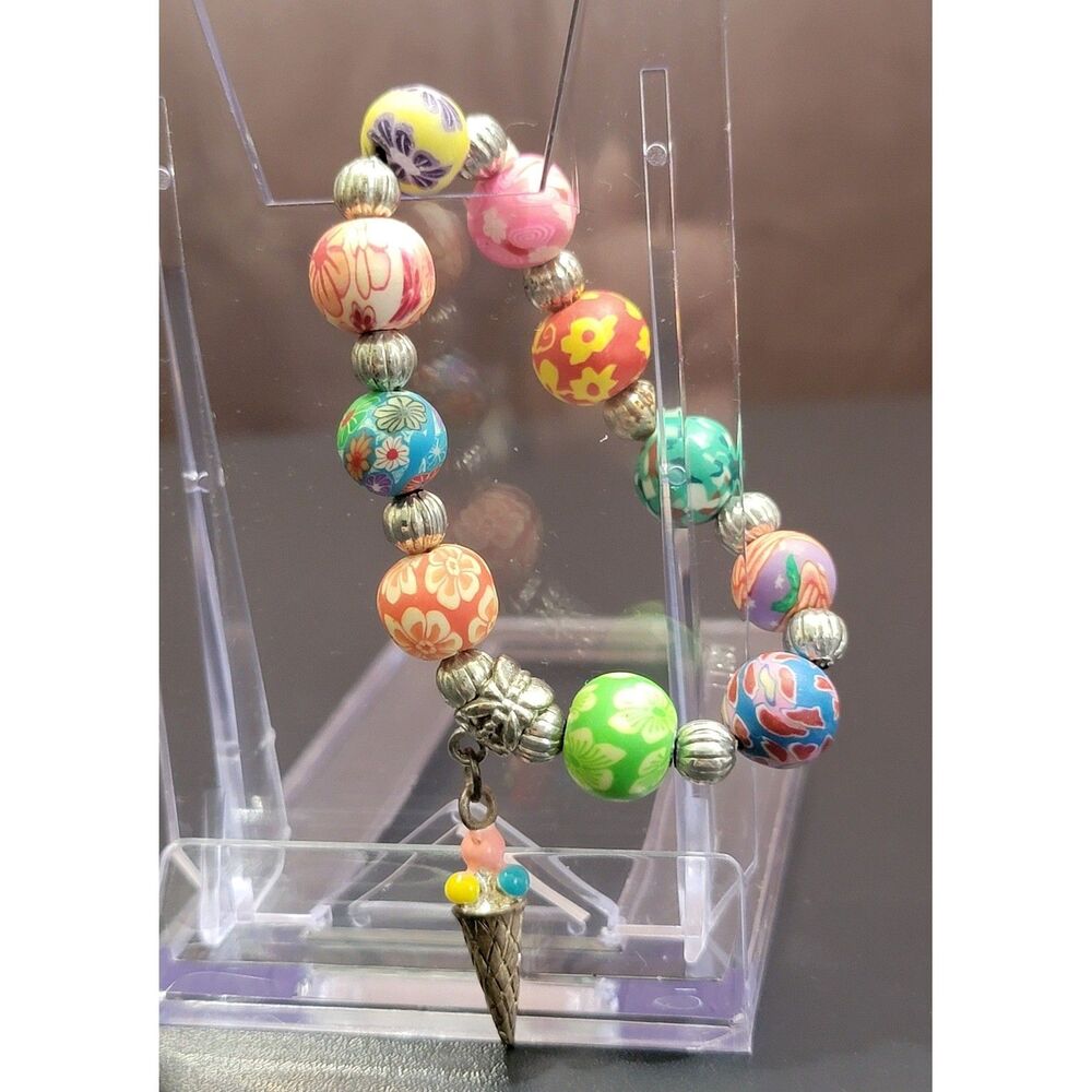 Kids Floral Polymer Clay Bead Stretch Bracelet with Ice Cream Cone Charm Multi